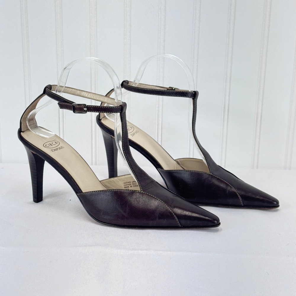 Circa Joan & David T-Strap Pumps‎ Womens 9M Brown Leather Pointed Toe Officecore